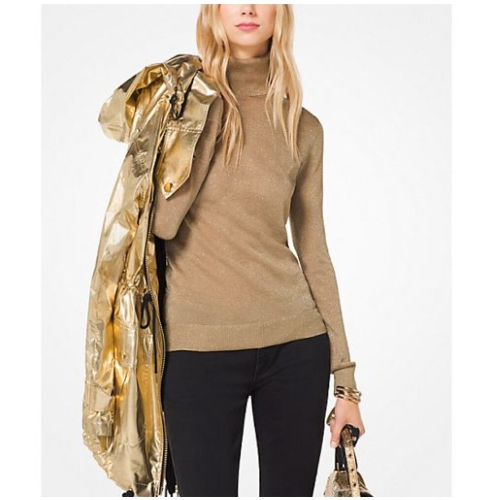 Michael Kors Turtleneck Size Large NWT Gold Semi-Sheer Metallic Stretch Holiday